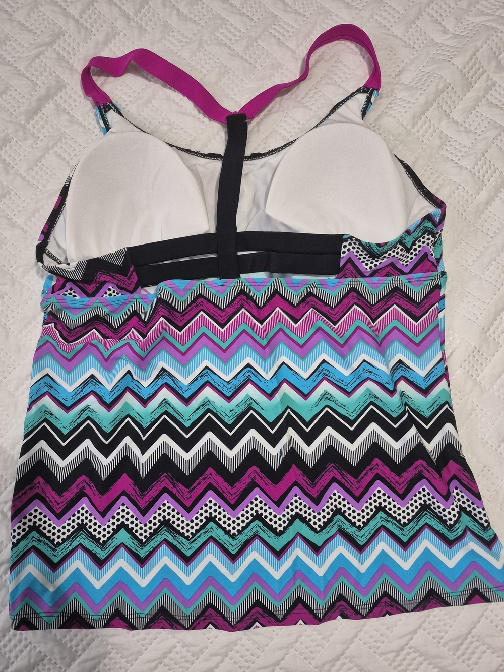 Chevron Tankini Swim Top - Pink/Teal/Black